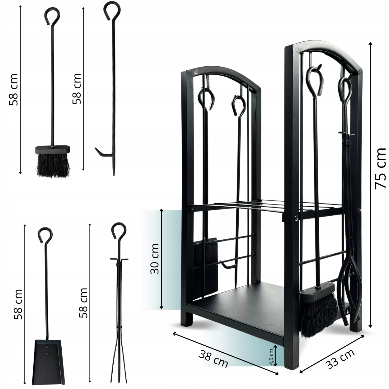 ZESTAW STOJAK NA DREWNO KOMINKOWE OPAŁOWE 74x40 CM + 4 NARZĘDZIA CZARNY EAN (GTIN) 5905753345857