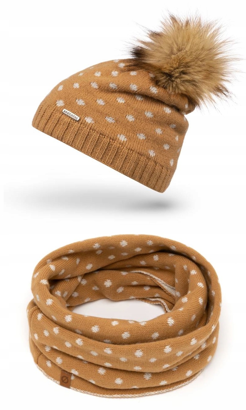 

Damskie Czapki Komin W Grochy Pompon Zestaw 2W1
