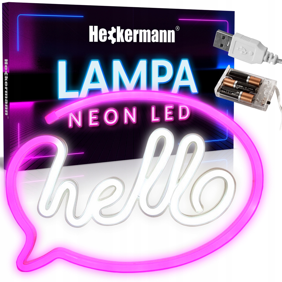 

Neon Led Wiszący Lampka Ścienna Hello Usb 3xAA