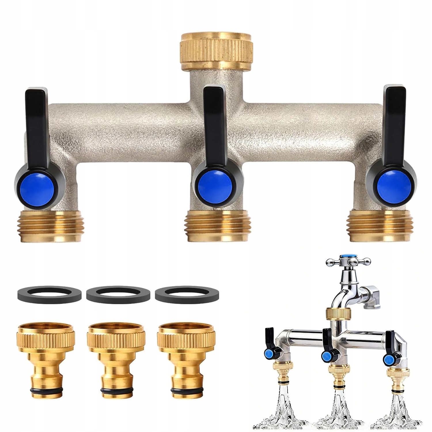 Rozdělovač vody Zahradní se 3 ventily na kohoutek 1/2" s redukcí 3/4"