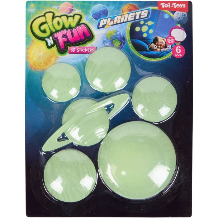 PLANETY. NAKLEJKI FLUORESCENCYJNE 3D ŚWIECĄCE W CIEMNOŚCI. ZESTAW 6 SZTUK