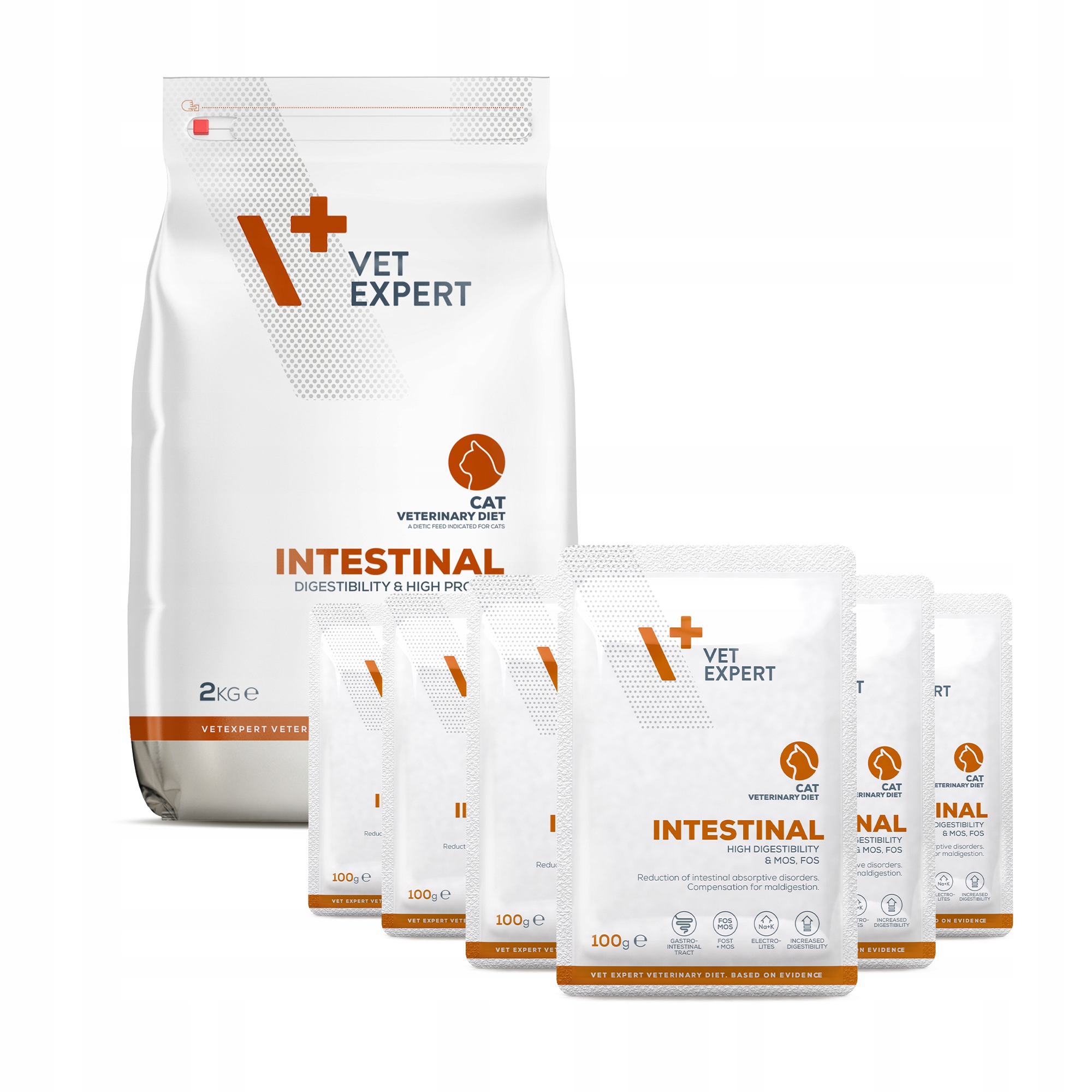 Vet Expert Intestinal Cat zestaw karmy suchej 2kg i mokrej 6 x 100g