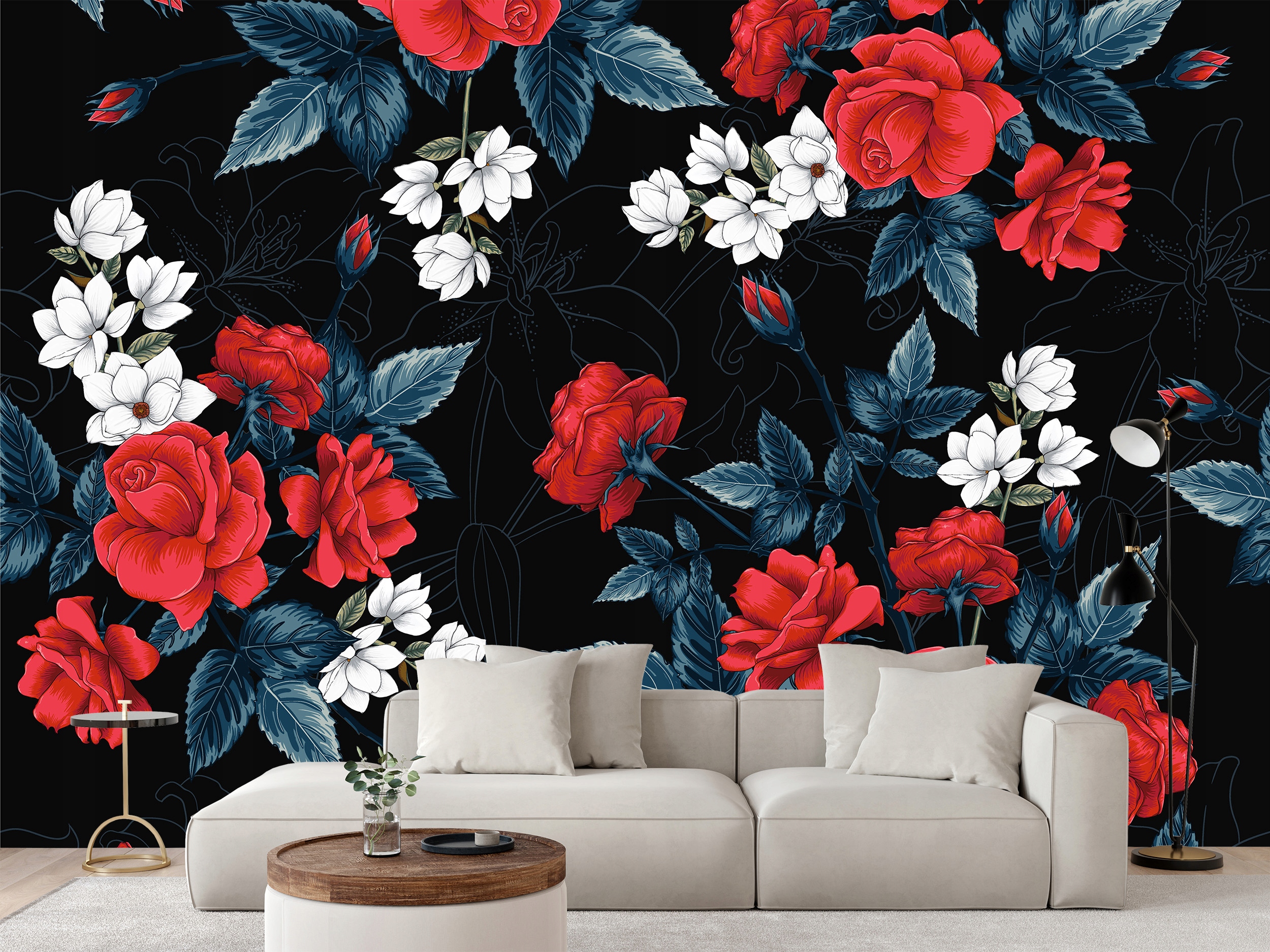 Fototapeta Květinový Vzor Červené Růže Magnolie Lilie -- 450 x 300 cm