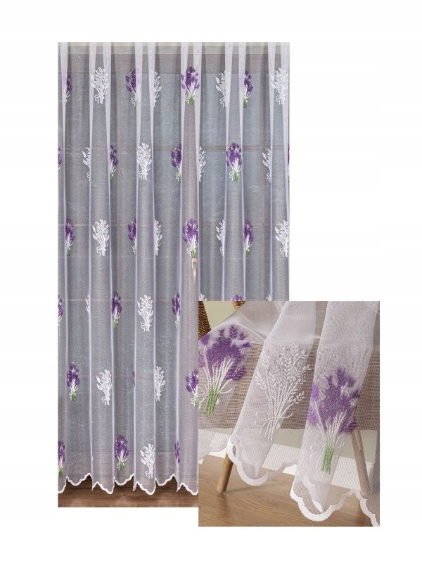 Záclona Žakard Květina Fialová Růže Bílá Velikosti s páskou na žabky 200x180