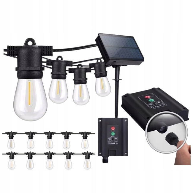 Girlanda Solarna Led 10m 15 Żarówek 3000K Zimne Ozdobne Lampki Ogrodowe Led