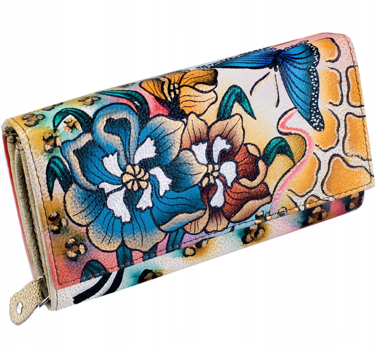 Kochmanski skórzany portfel damski średni ręcznie malowany w kwiaty