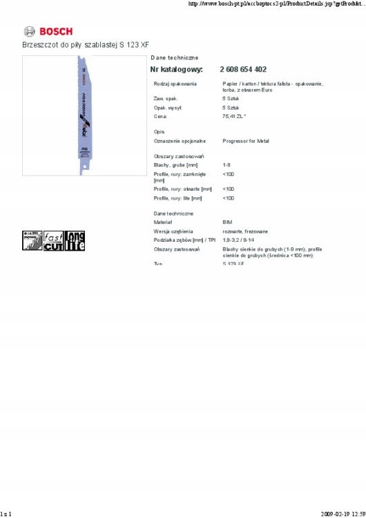 BRZESZCZOT DO PIŁY SZABLASTEJ S123XF 5SZT. Marka Bosch
