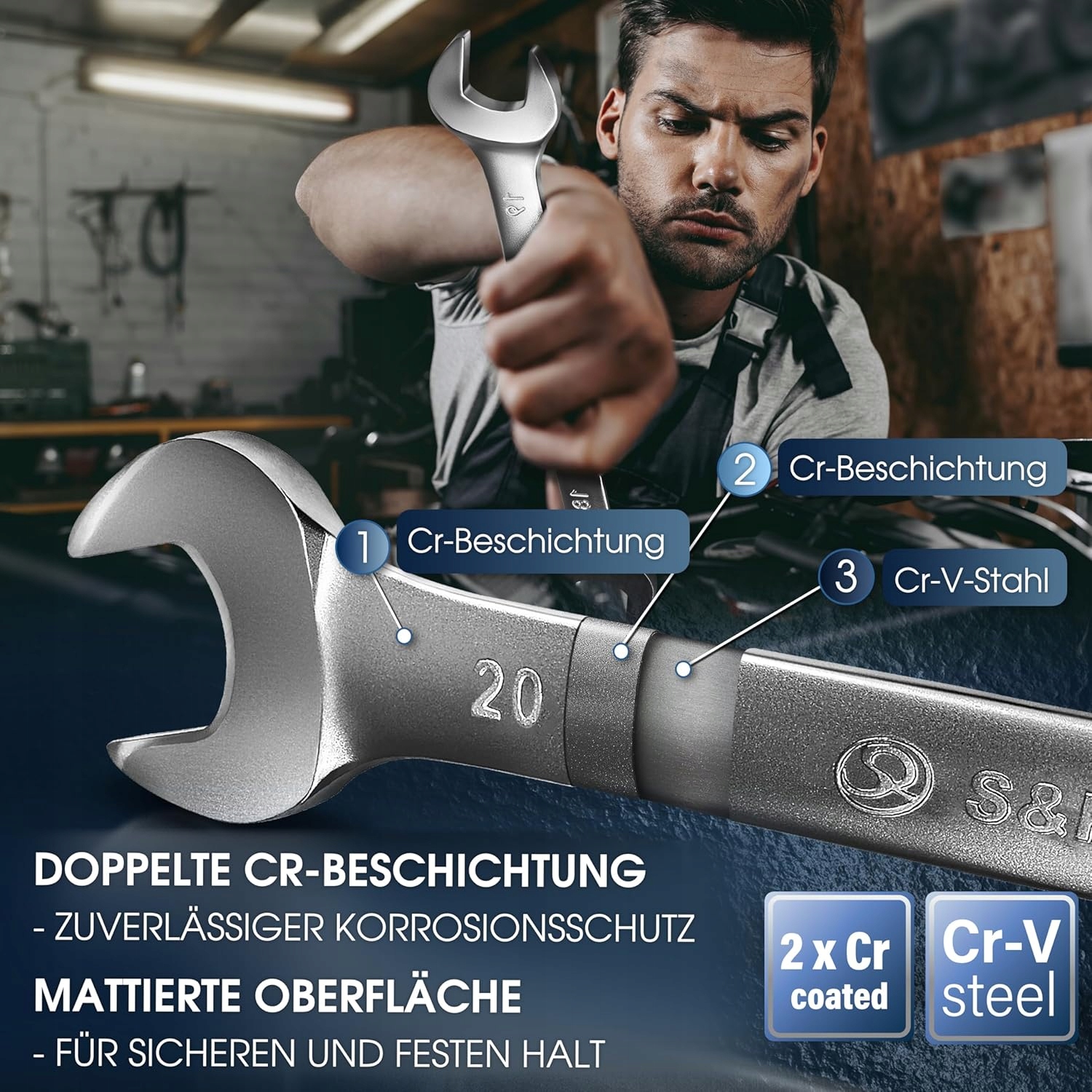 S&R Klucz płaski 32x36 mm. Cr-V seria Professional chromowany matowany Marka S&R