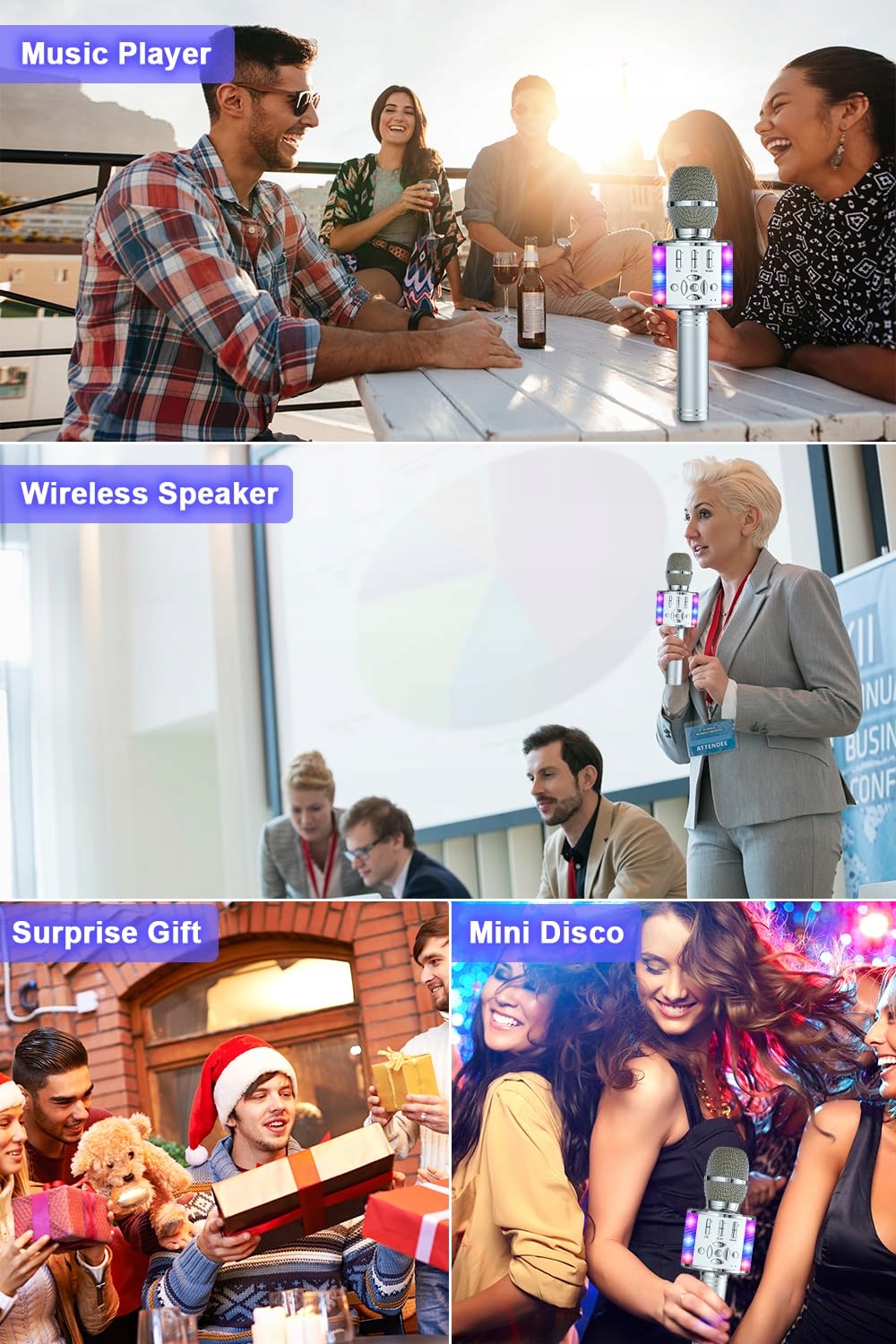 BONAOK Mikrofon Karaoke Bluetooth LED Dla Dzieci Kompatybilny z iOS Android — miniatura 7