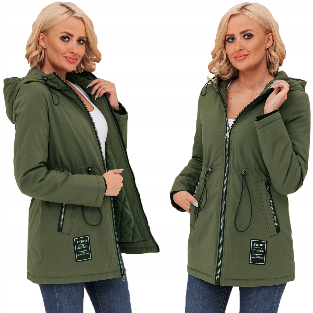 Zeštíhlující Parka Přechodová Bunda Kapuce Jarní Khaki S