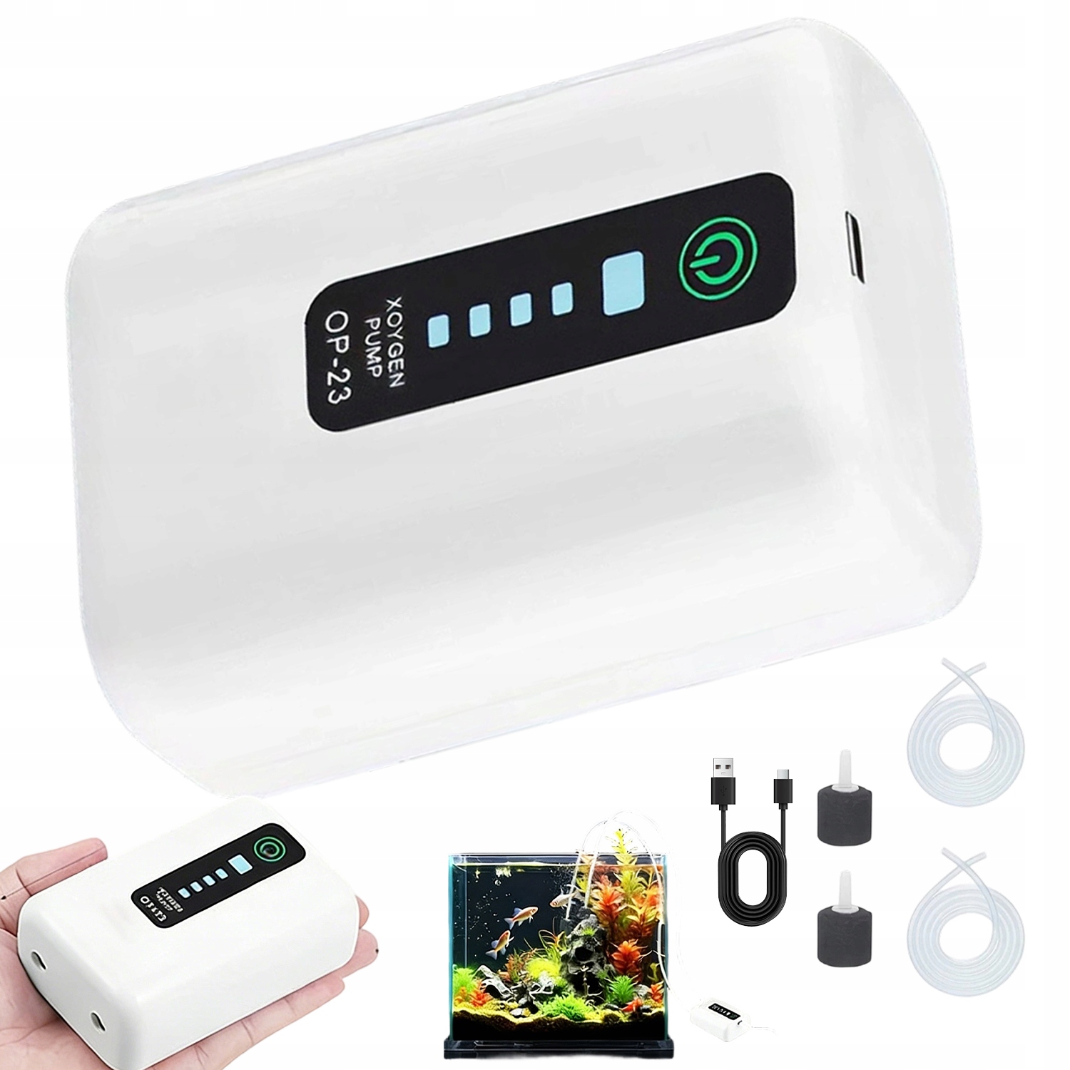 Levně Tichá Provzdušňovací Pumpa Pro Akvárium Usb 2600 Mah Se 2 Kameny