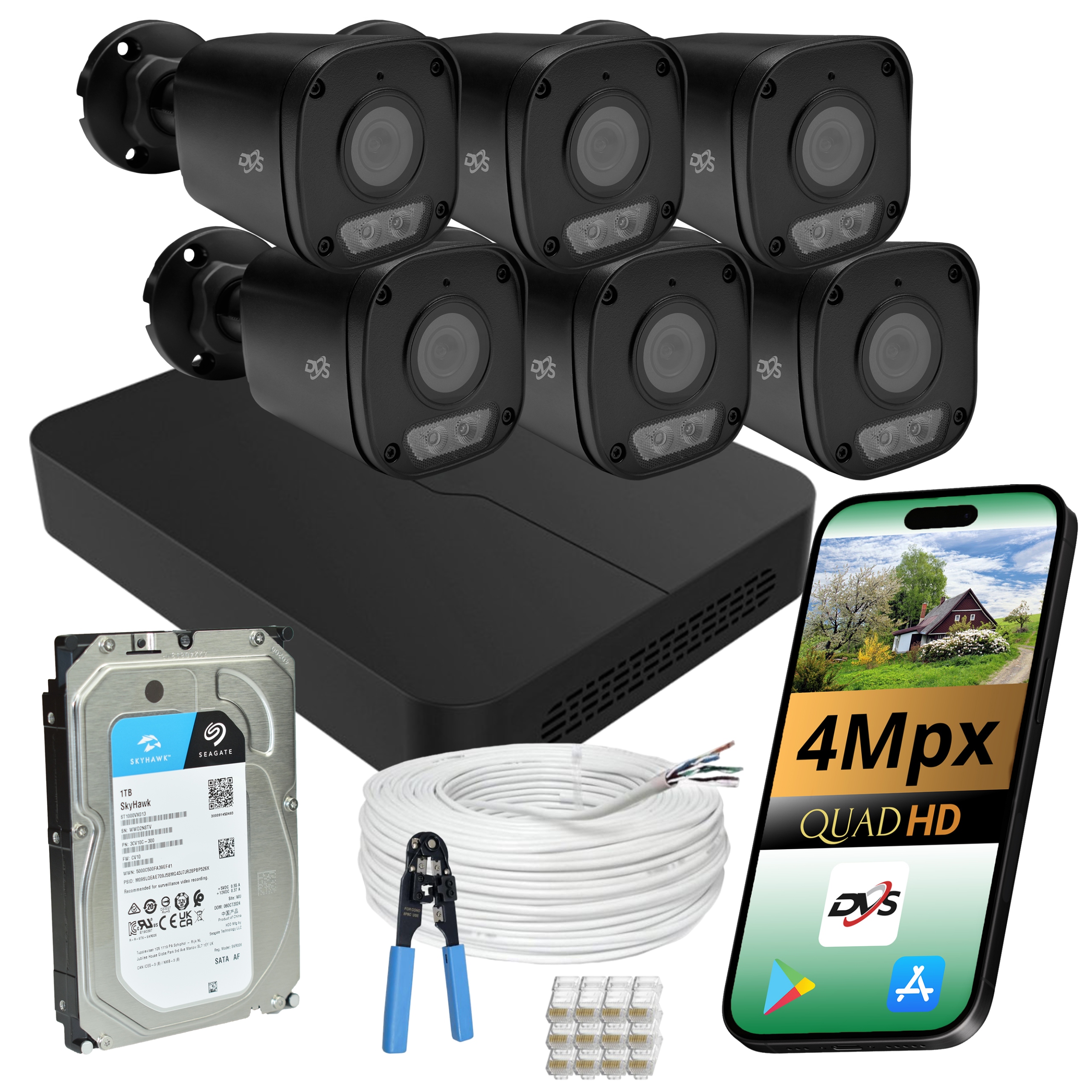 Domácí Monitorování Dvs Ip PoE 6 Tubových Kamer 4Mpx Ir Led Disk 1TB