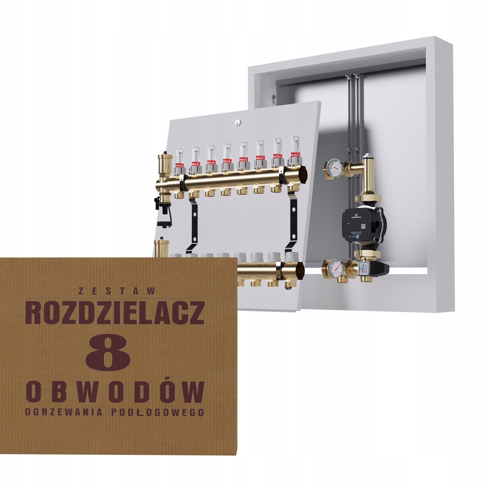 Rozdělovač pro podlahu 8 okruhů s čerpadlem Grundfos nástěnná skříňka