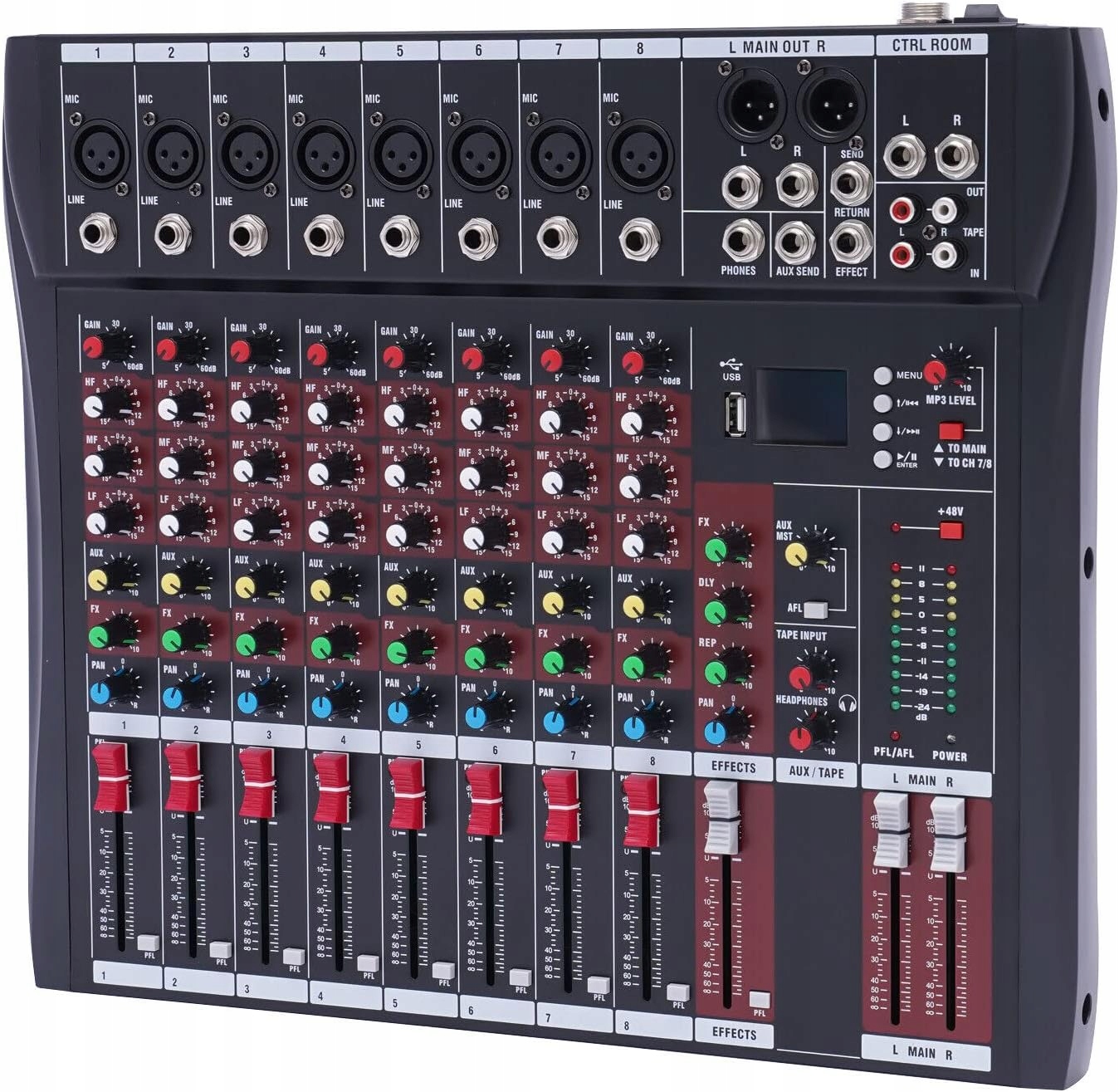8-kanałowy mikser studyjny audio z Bluetooth USB 48 V Liczba kanałów 8