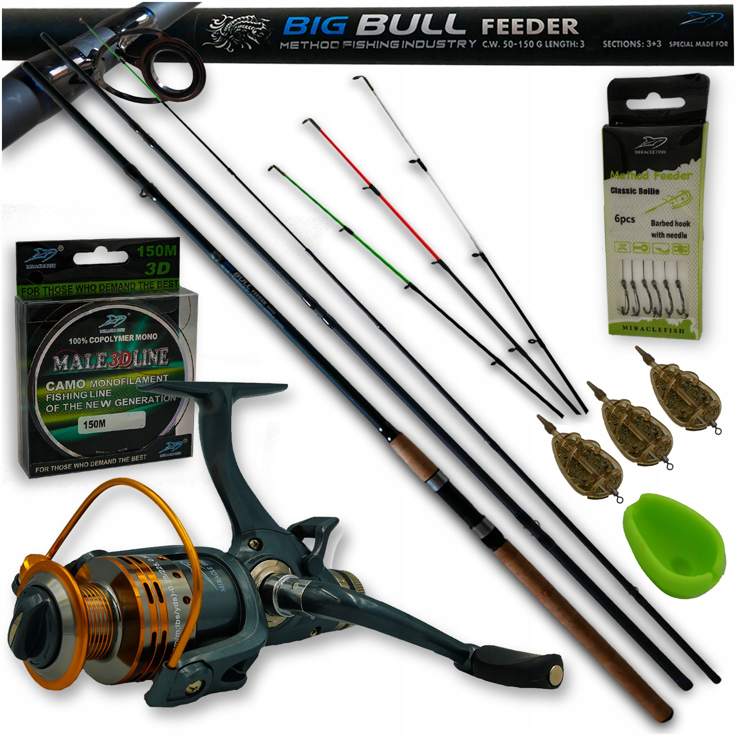 ZESTAW FEEDEROWY METHOD FEEDER WĘDKA KOŁOWROTEK KOSZYCZKI PRZYPONY ŻYŁKA CM