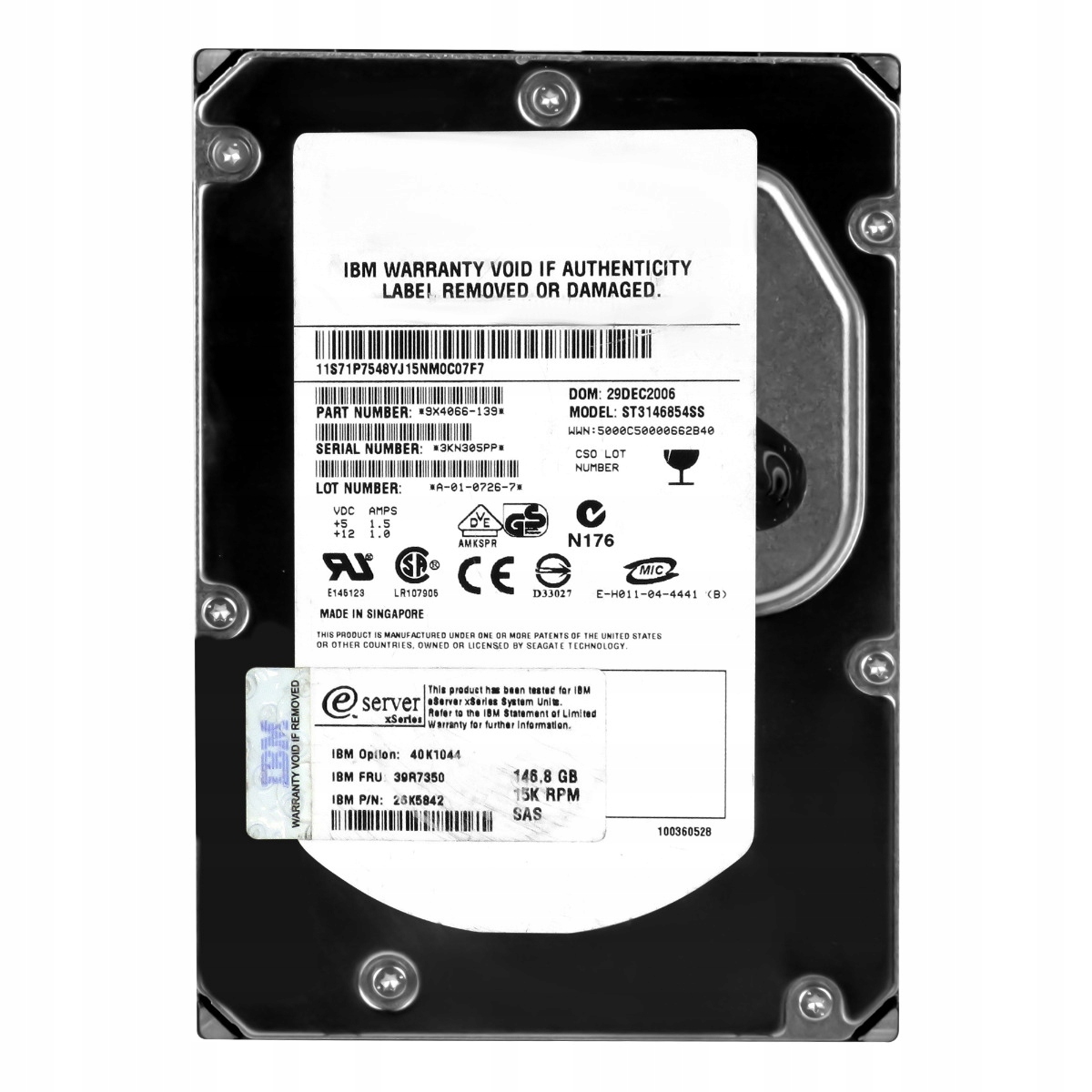 Ibm 39R7350 26K5842 146GB 15K 8MB Sas 3.5'' ST3146854SS