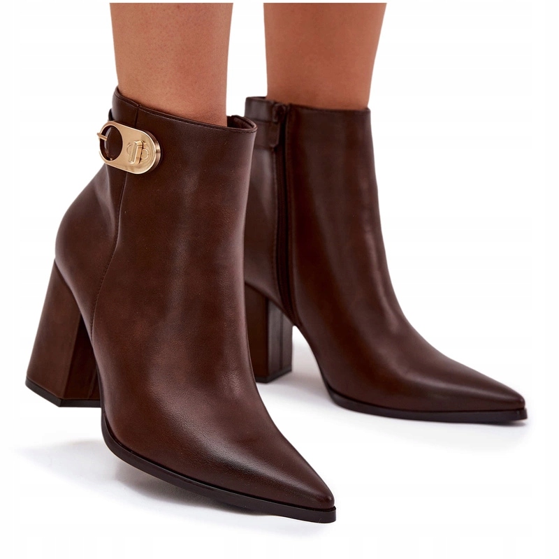 Dámské Kotníkové Boty Eko Kůže Elegantní Sloupek Zlatý Detail Čokoládový Zip 38