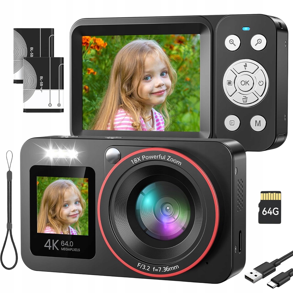 Kompaktní Digitální Fotoaparát 64 Mp S Dvěma Obrazovkami Pro Začátečníky