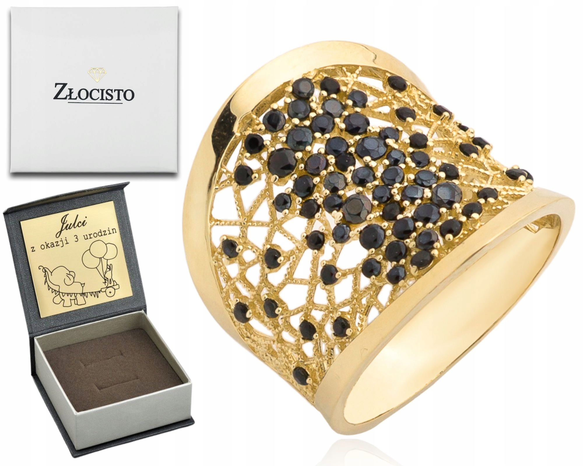 Zlatý Prstýnek Ažurový Široký, Černé Kameny 585 Pro Ženu Dárek