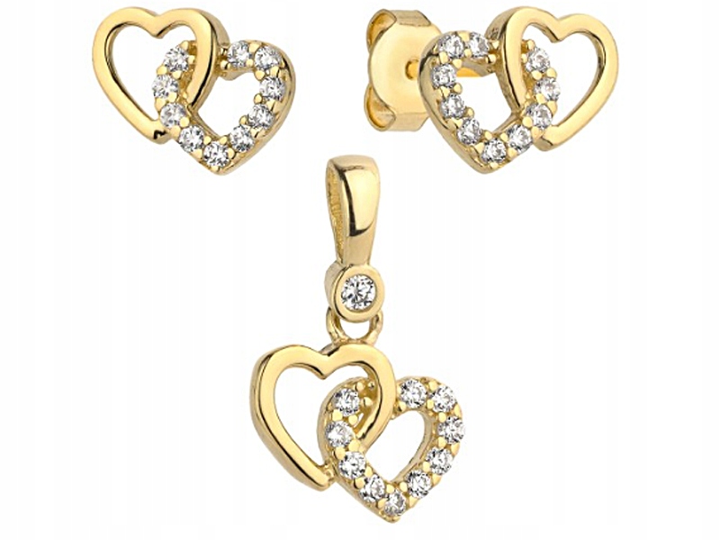 Zlatý komplet šperků 585 srdíčka se zirkony, módní sada šperků