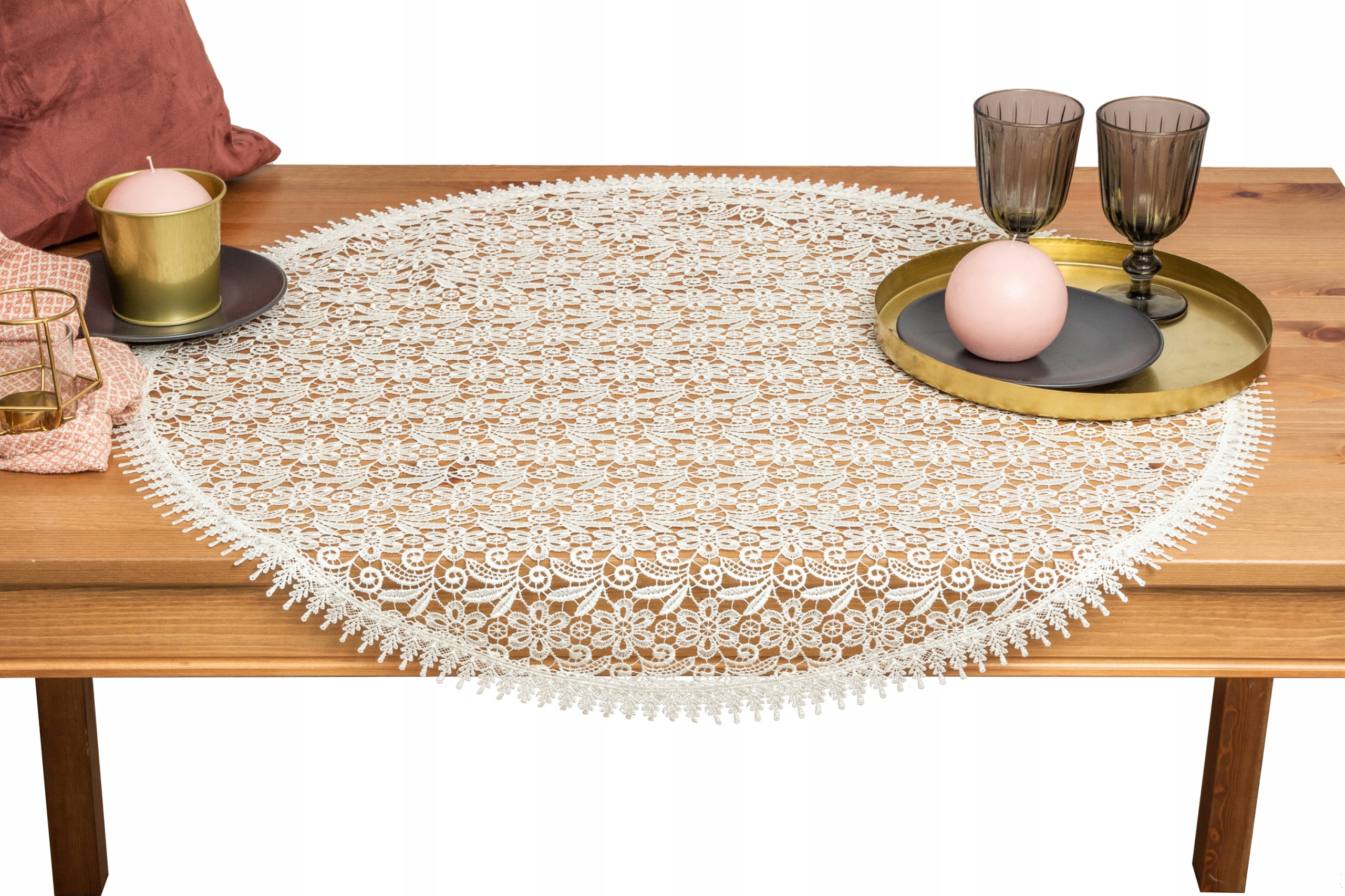 

Obrus okrągły z koronką gipiurową w kwiaty 85 cm