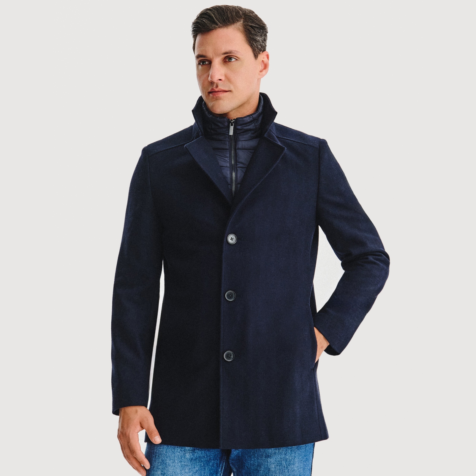 Vlněný modrý pánský kabát s odnímatelným stojáčkem Pako Lorente, velikost vel