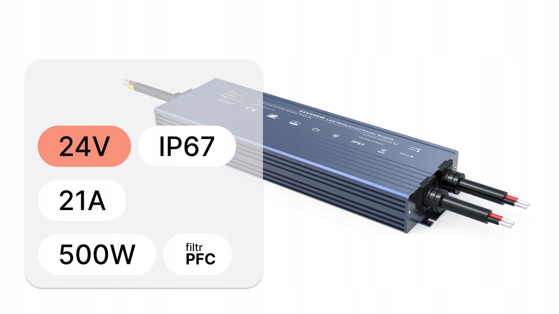 Napájecí zdroj pro Led, vodotěsný, řada D 24 V IP67 21 A 500 W