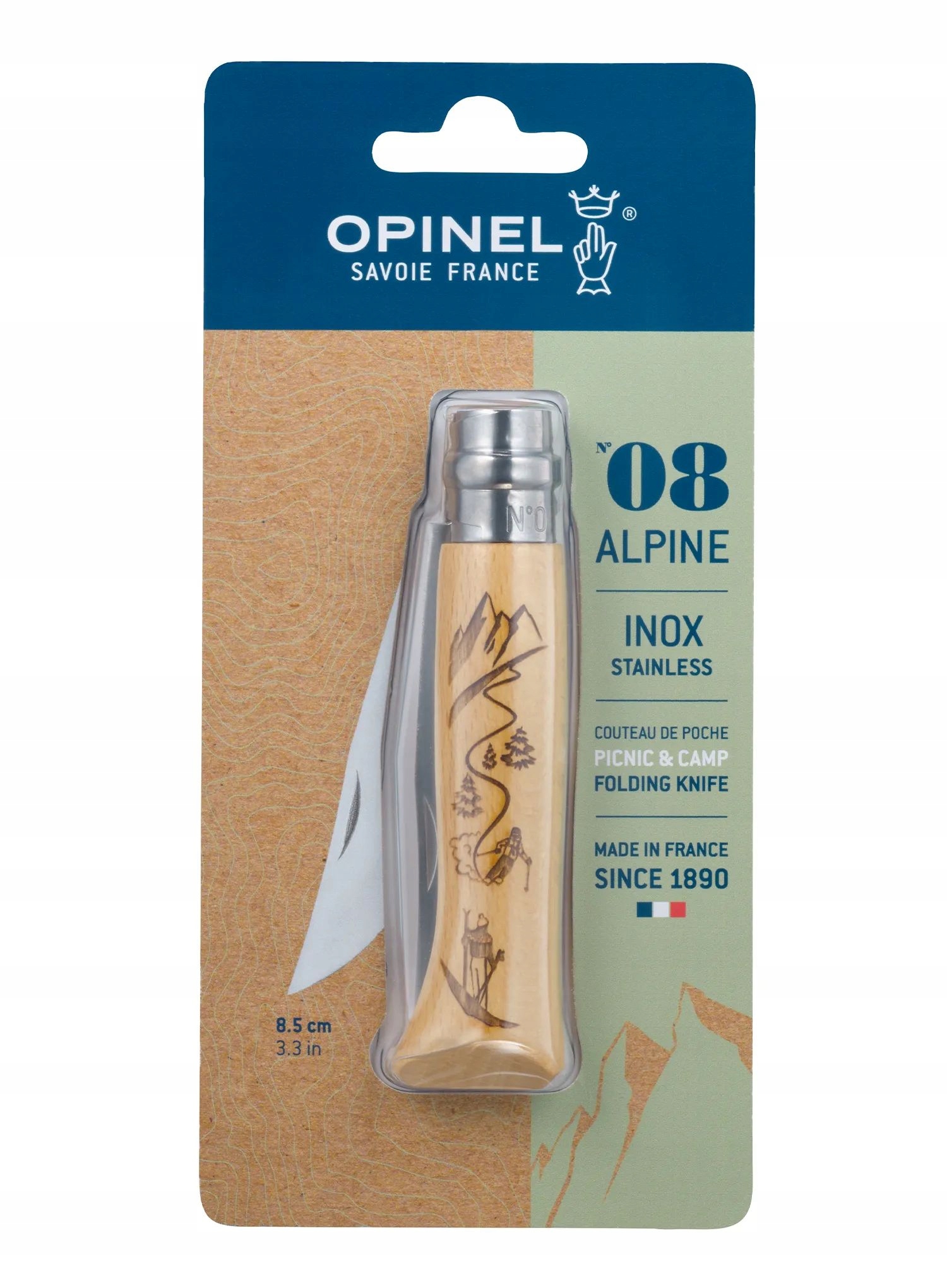 Nóż turystyczny Opinel Engraved Sport Ski 08 Blister sky