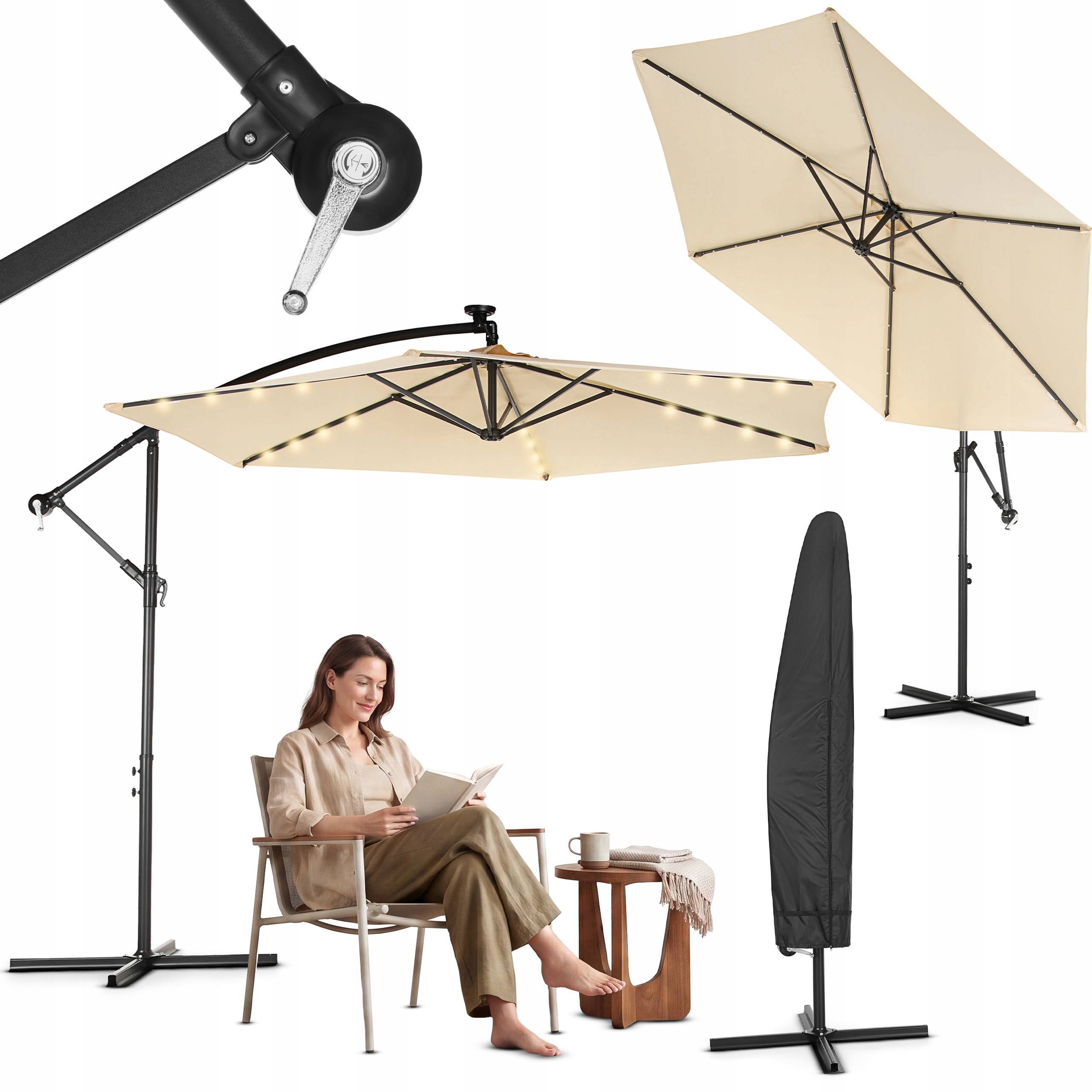 Zahradní Slunečník Velký 3M Skládací S Regulací Led Podsvícení Luverno