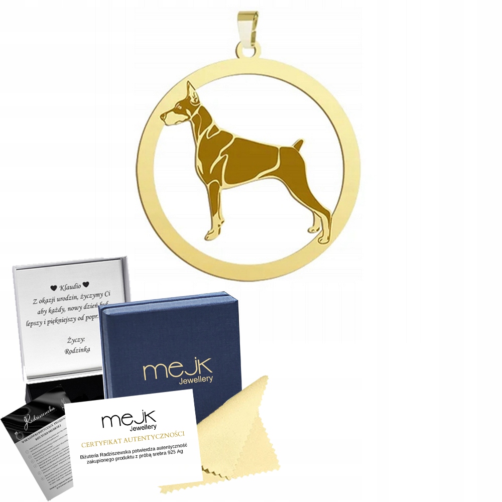 Zlatý přívěsek s psem Doberman 925 Šperky Dárek Žena Gravírování Bonus