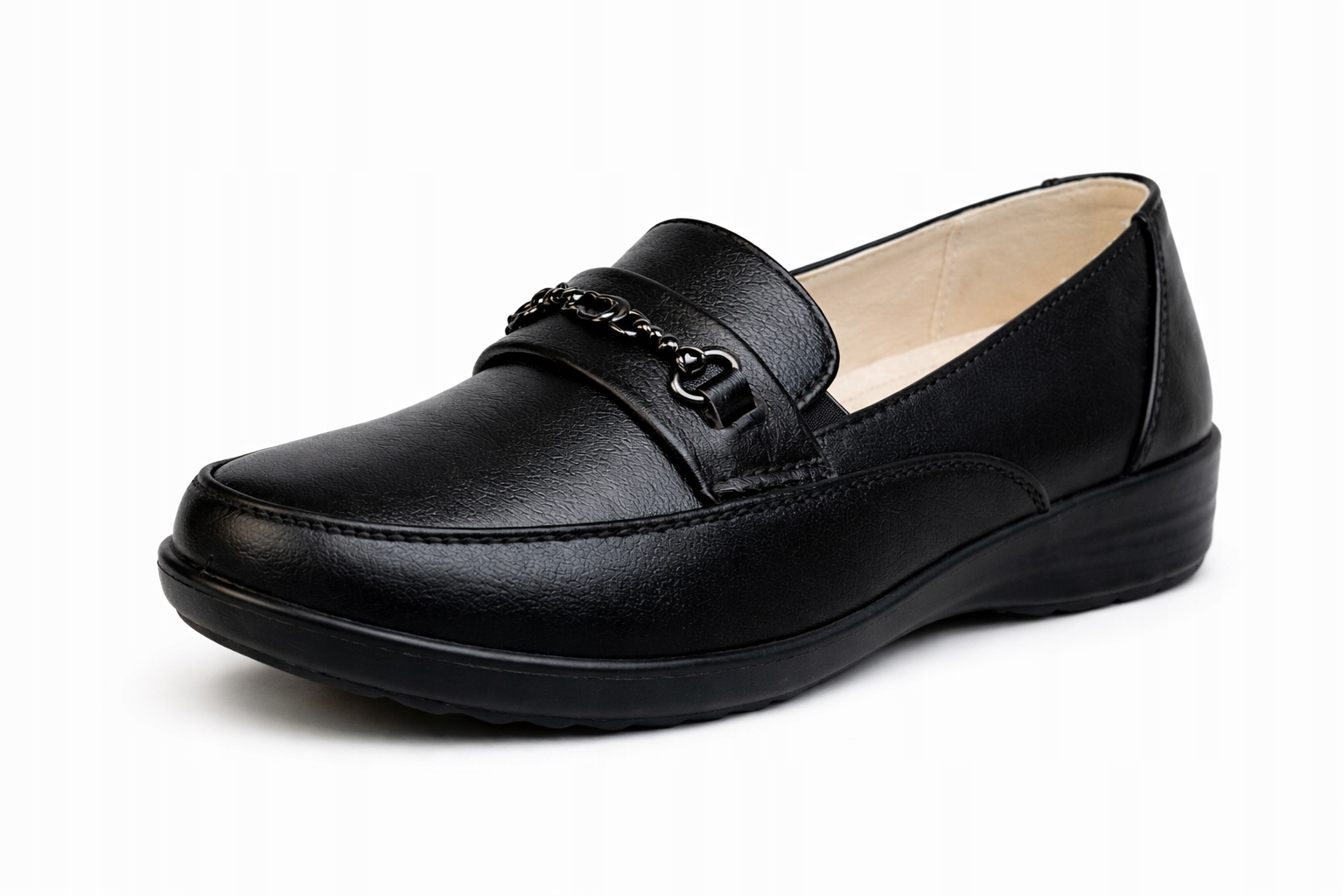 Półbuty Damskie Czarne Na Koturnie Miękkie Szerokie Skórzana Wkładka Gumki