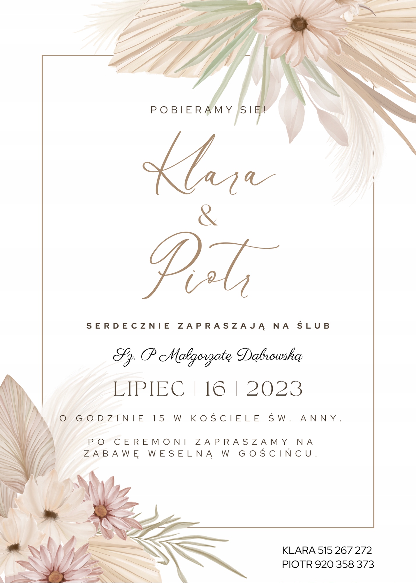 ZAPROSZENIA NA ŚLUB BOHO LIŚCIE ORYGINALNE WSTĄŻKA Liczba sztuk 1 szt.