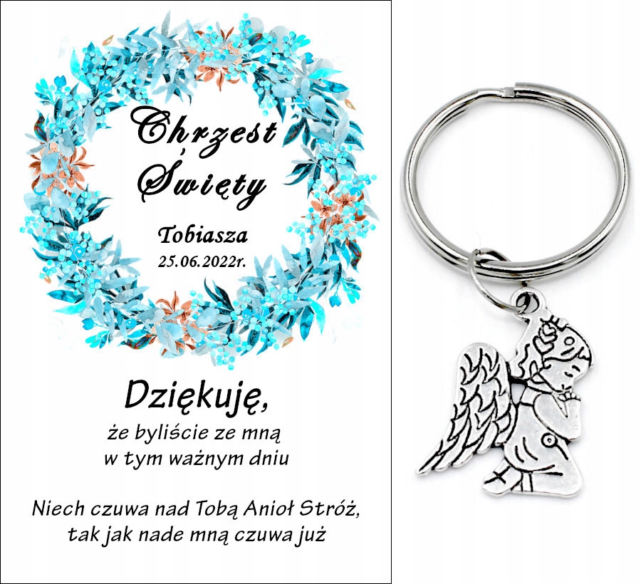 Podziękowanie dla gości brelok ANIOŁEK CHRZEST PERSONALIZACJA PAMIĄTKA