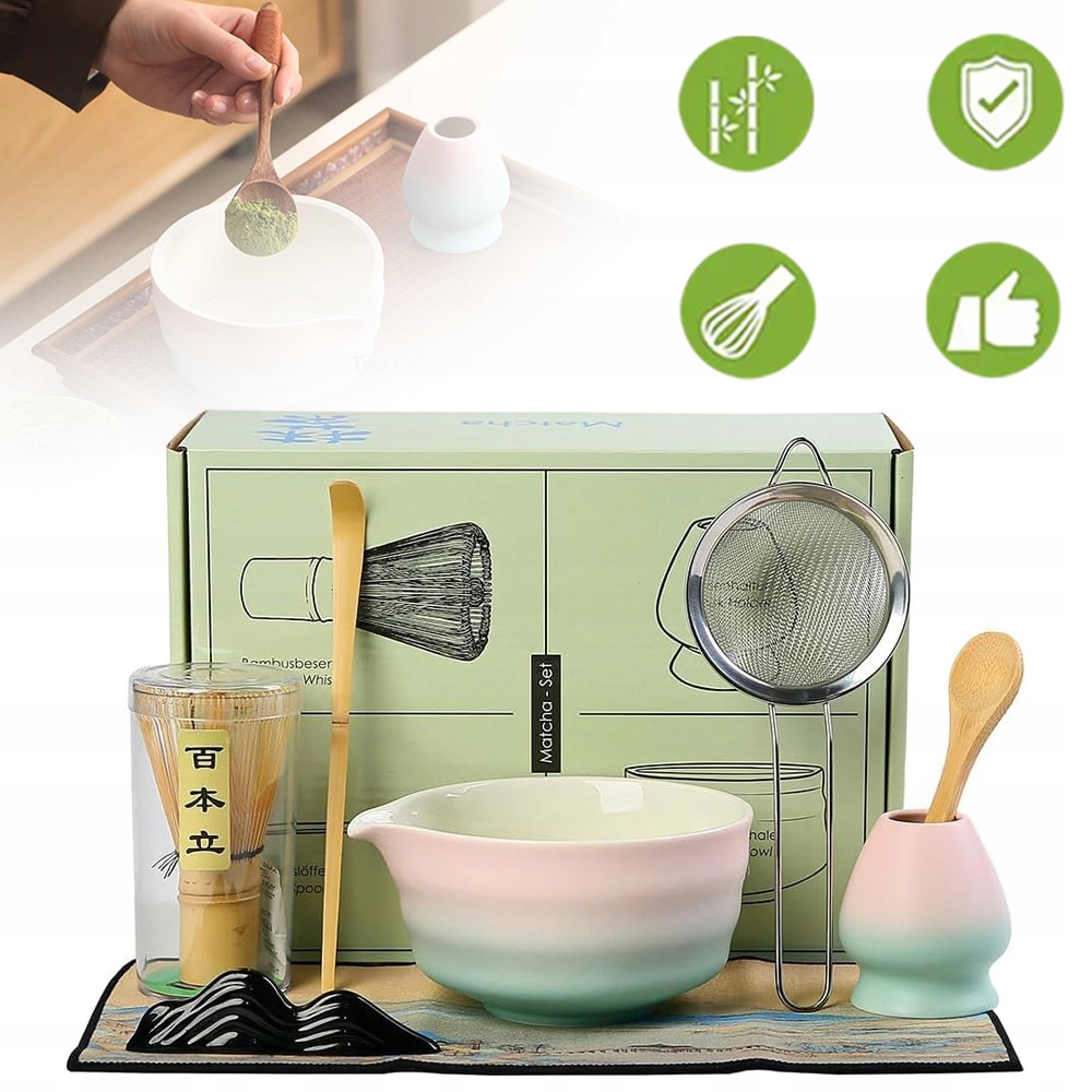8KS Sada Na Čaj Matcha Bambus Sada Nástrojů Keramika Dárkové Balení