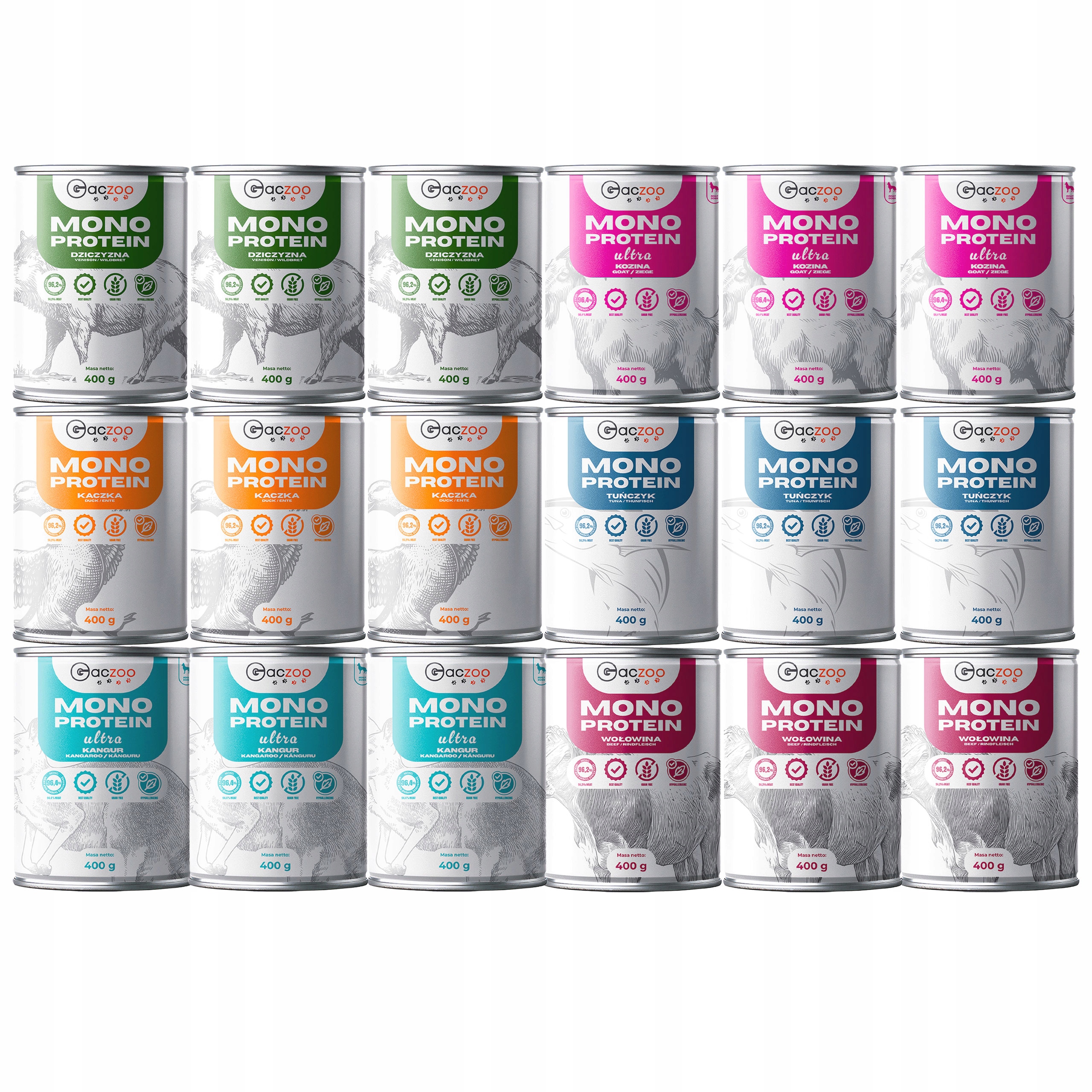 Levně Gaczoo Mono Protein monoproteinové krmivo mokré pro psa mix chutí 18 x 400 g