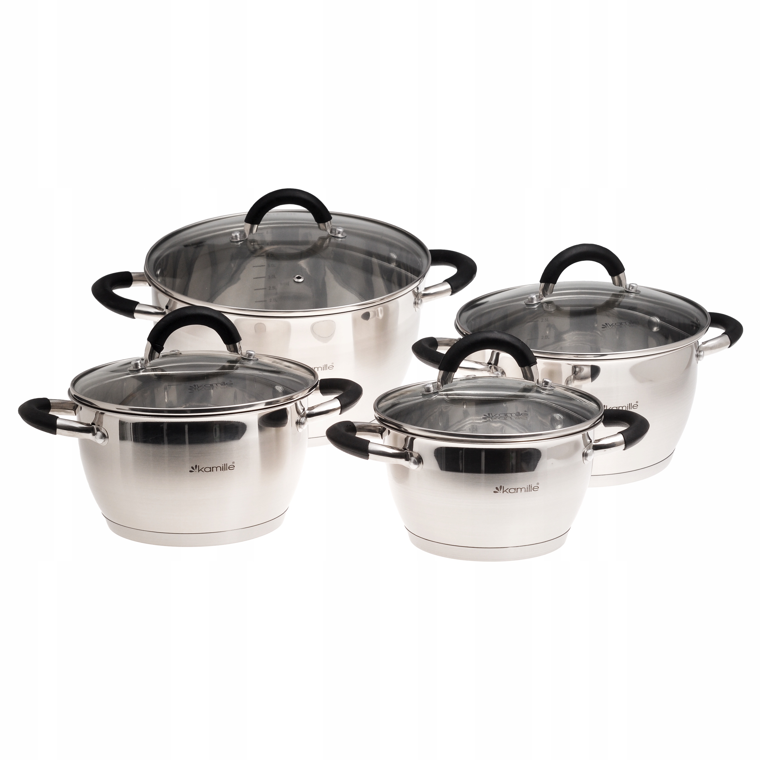 Stalowe GARNKI NA INDUKCJĘ zestaw GARNKÓW z pokrywkami 8 el KAMILLE KM-5755 Marka Kamille