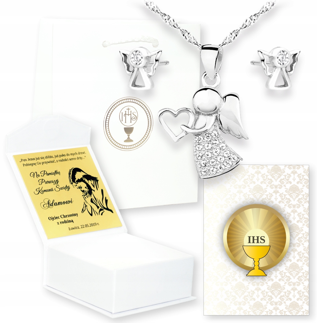 PREZENT PIERWSZĄ KOMUNIĘ ŚW ANIOŁEK ZESTAW GRAWER Materiał Srebro