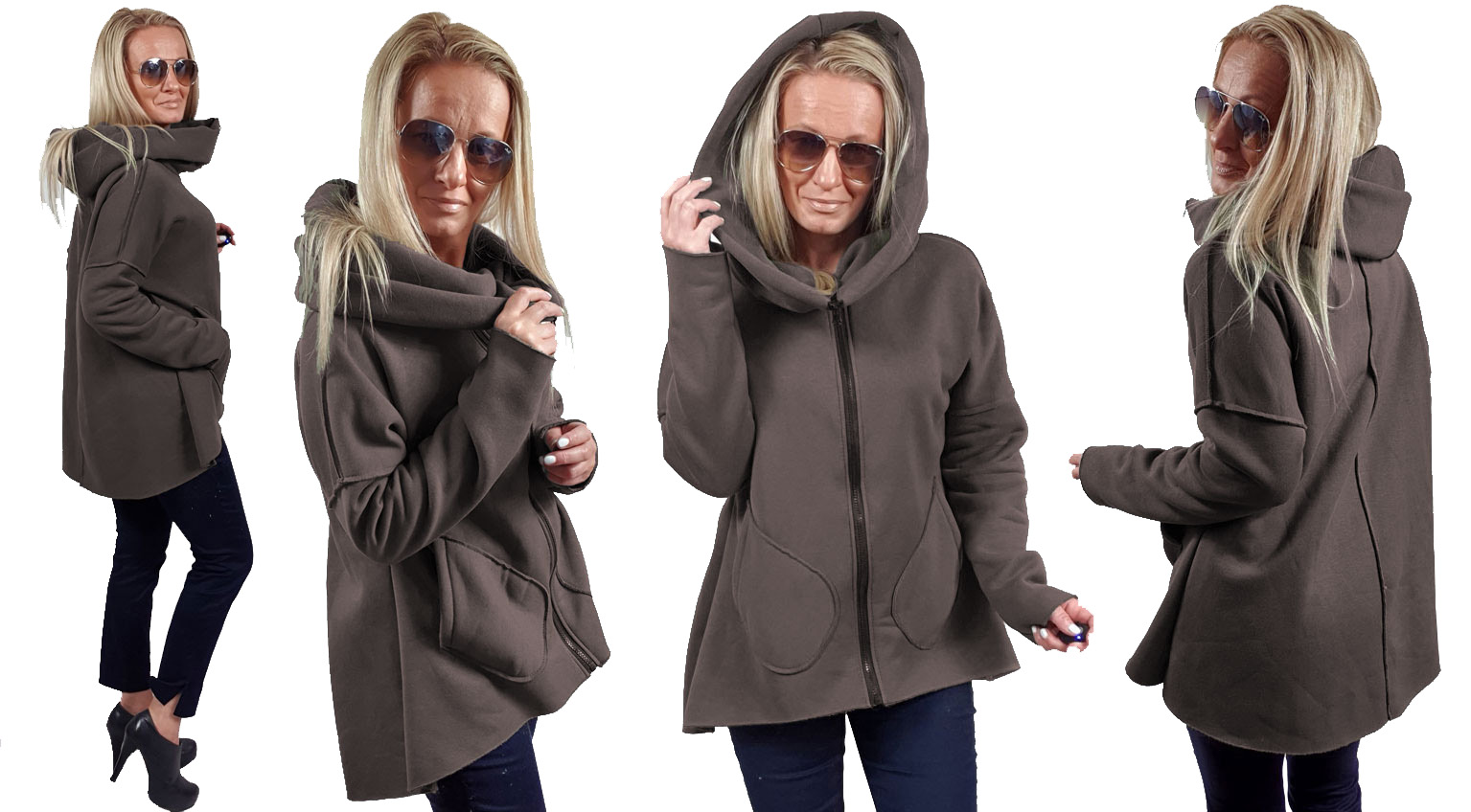 

Asymetryczna Bluza Tunika Kardigan Komin Kaptur L