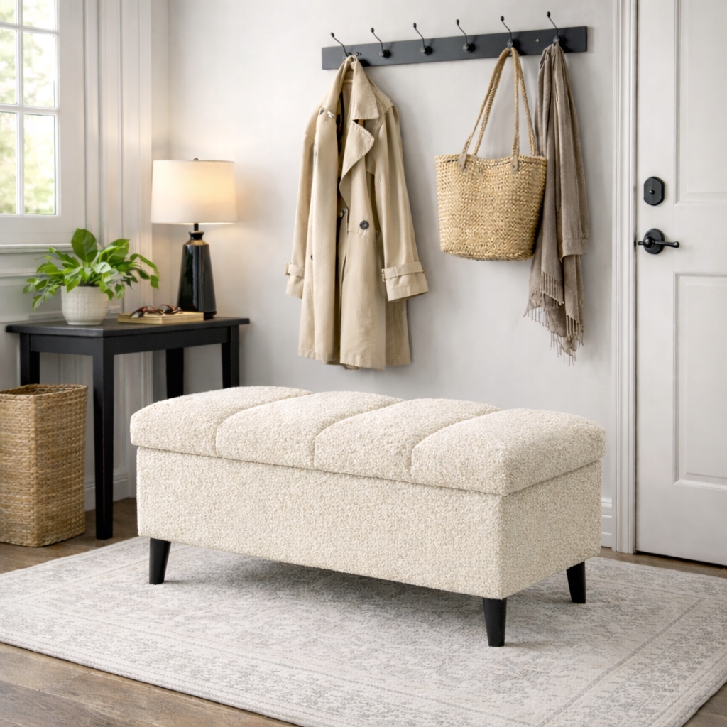 Pufa s úložným priestorom, otvárateľná taburetka, bouclé, čalúnená lavička 60 cm