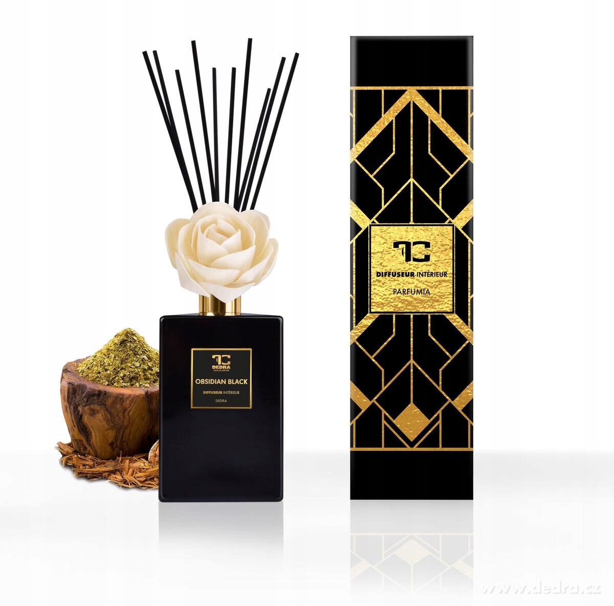 Levně Difuzér s květinou & tyčinkami Parfumia, Obsidian Black, 500 ml