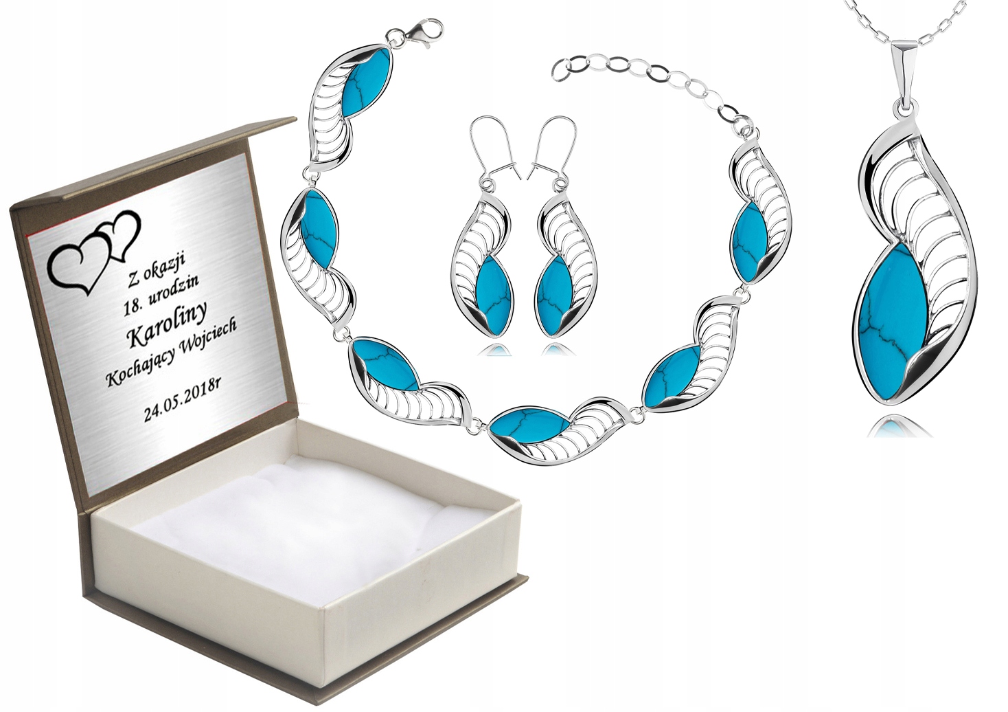 

Komplet Srebrnej Ażurowej Biżuterii Z Turkusami