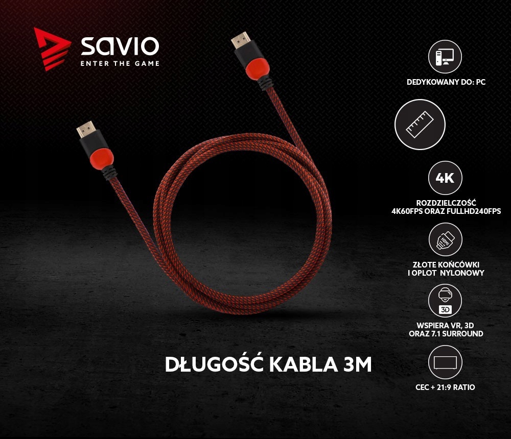 Kabel HDMI 2.0 dedykowany do PC czerwono-czarny 3, Długość kabla 3 m