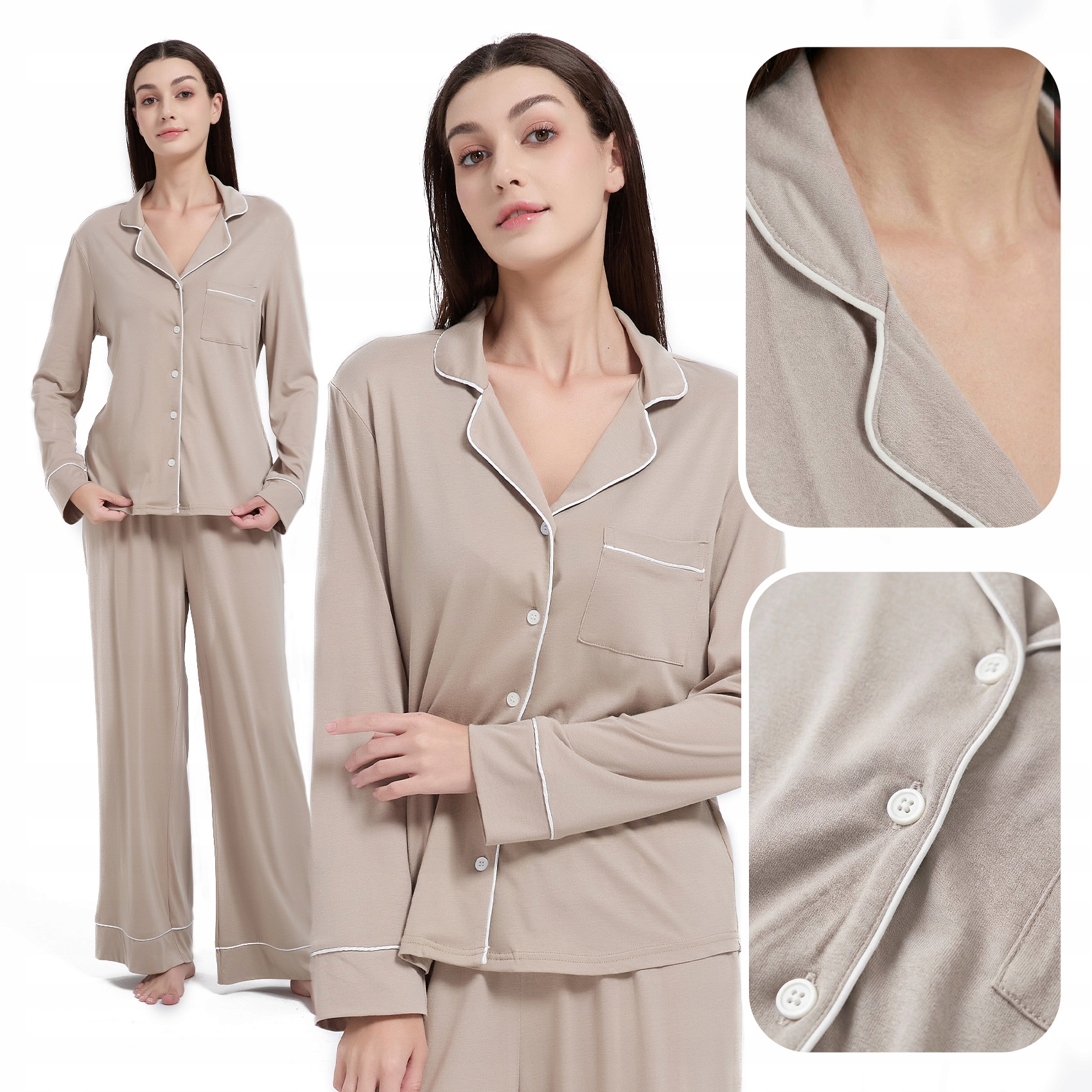 Dívčí Dvoudílné Pyžamo S Dlouhým Převlekem, Taupe Oblečení S Bílou Bizou, Velikost XL