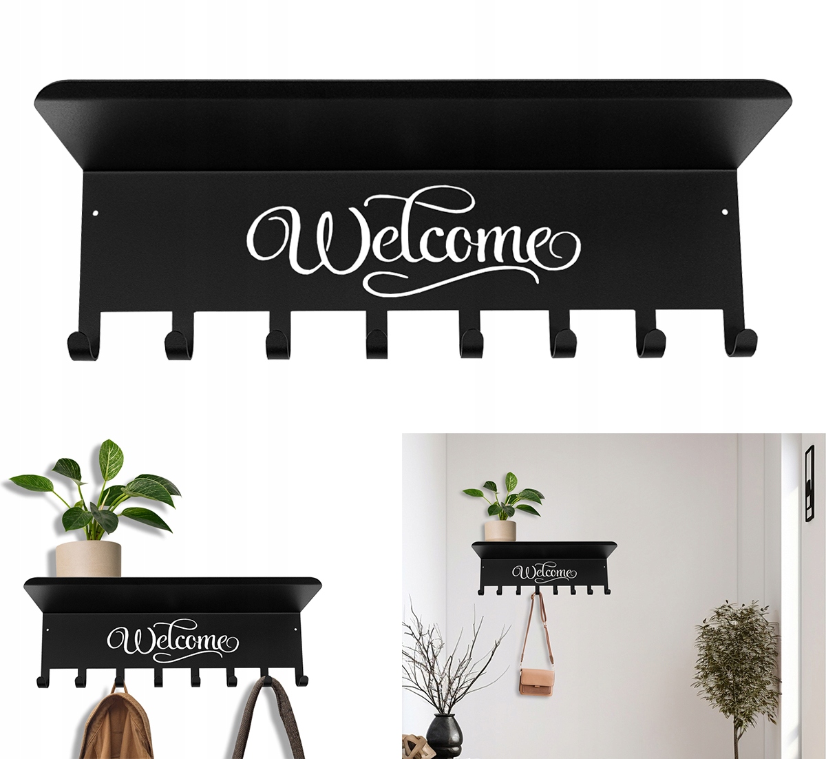 Věšák na oblečení s háčkem a policí Welcome černý