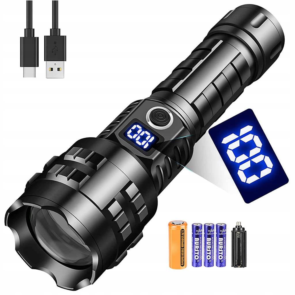 Mocna Latarka Taktyczna 15000 Lumenów Usb Wojskowa na kemping 5MODI