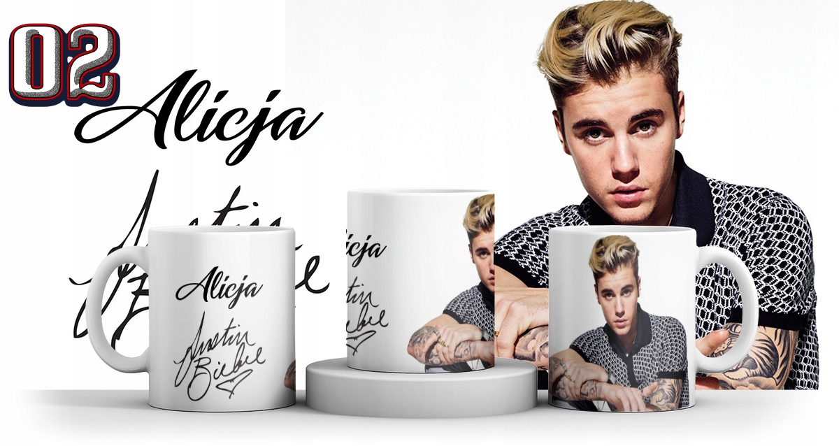 KUBEK JUSTIN BIEBER BELIEBER + IMIE + KARTONIK Materiał ceramika