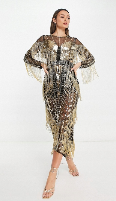 Zdobená Flitrová Koktejlová Šaty Střapce Korálky Edice 44 XXL