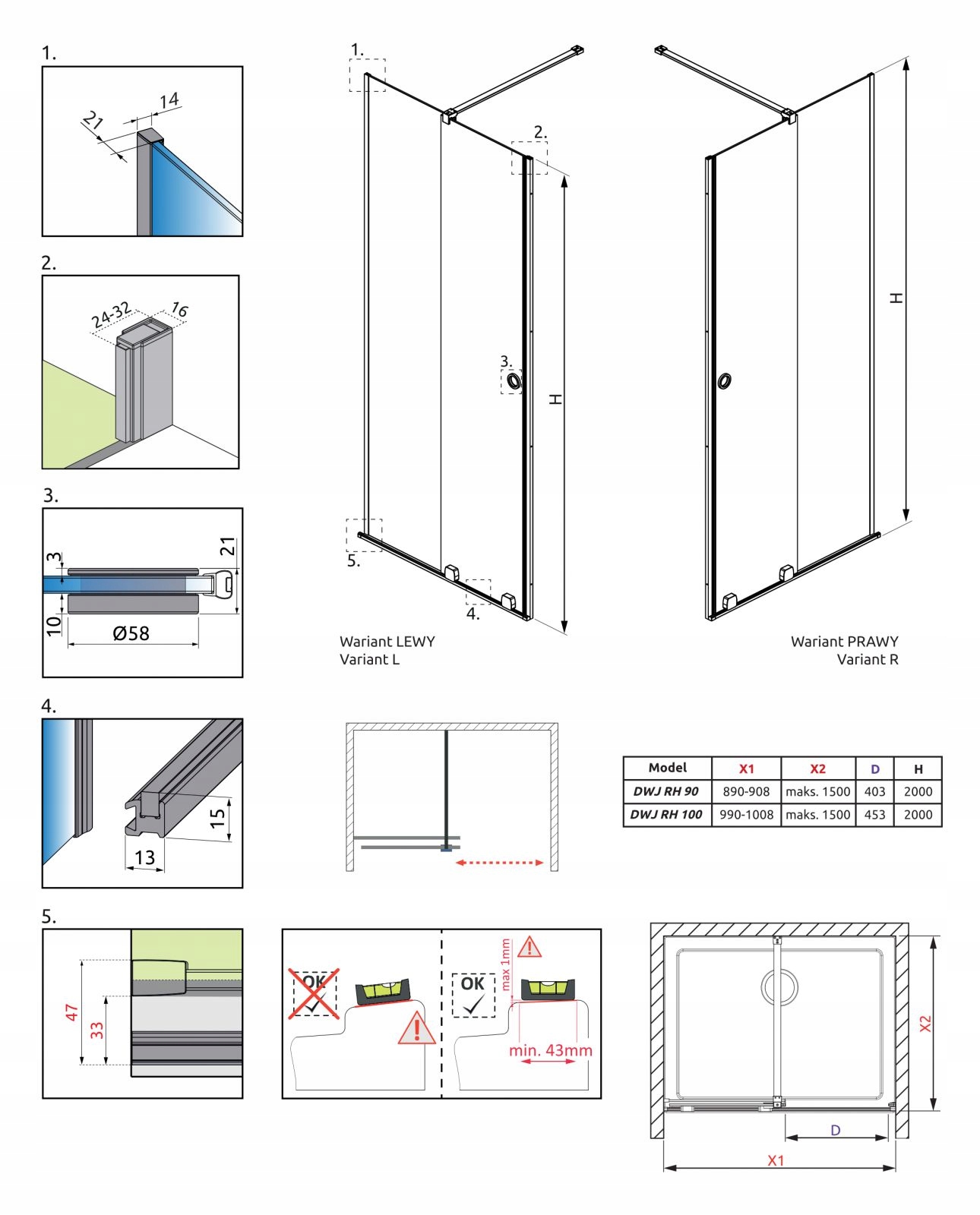 Drzwi prysznicowe wnękowe Furo DWJ RH 90 P czyste Typ drzwi rozsuwane