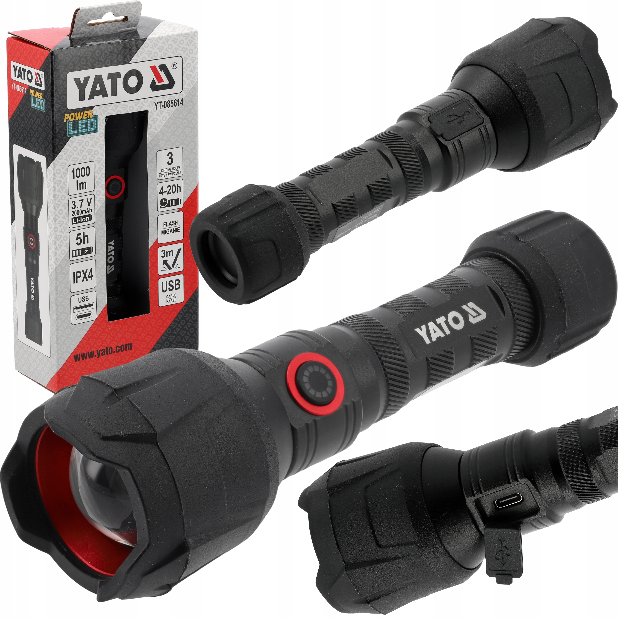 Latarka Akumulatorowa Yato Led 10W 1000LM Zasięg 250M Wzmocniony Korpus