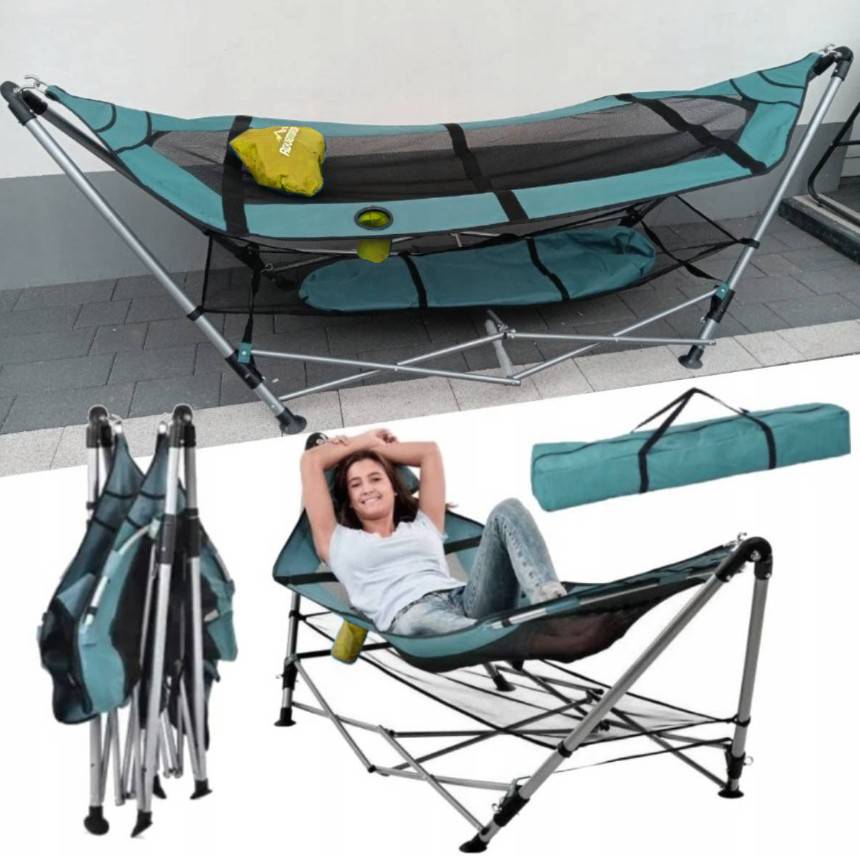 Hamak ze stelażem 264x83 cm, Torba, 135 kg – Kempingowy, Przenośny